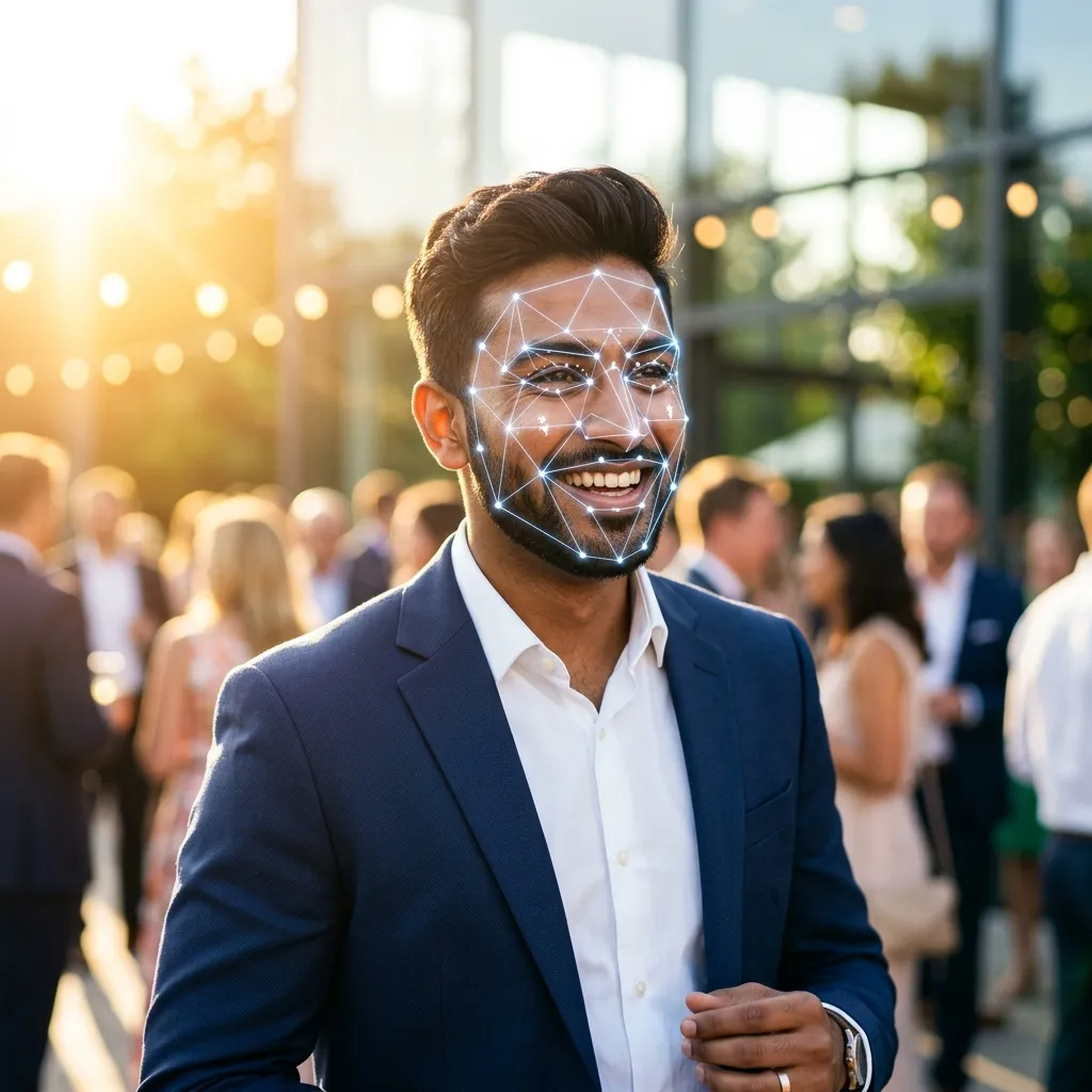 Indian man with facial recognition mesh overlay mapping features in bright warm lighting