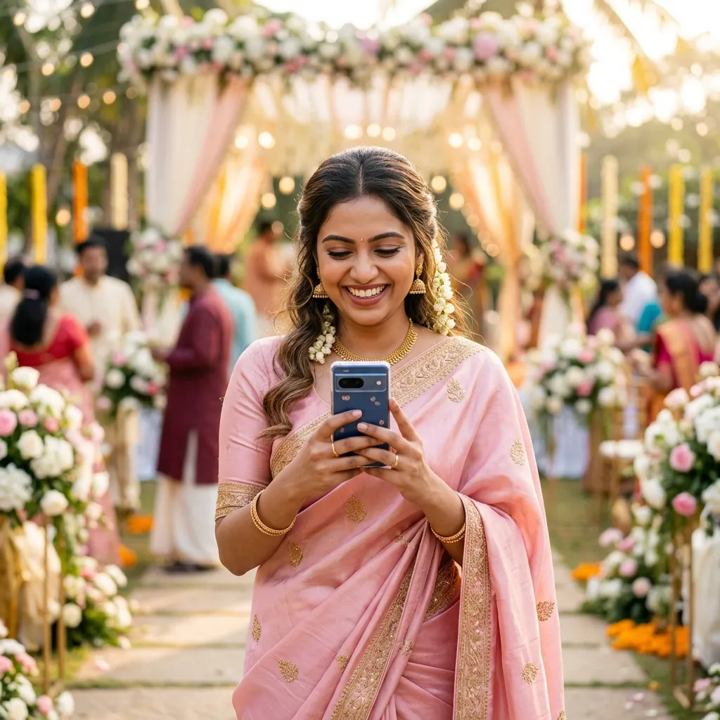 Happy Indian woman in pastel saree viewing wedding photos on her smartphone at a bright venue