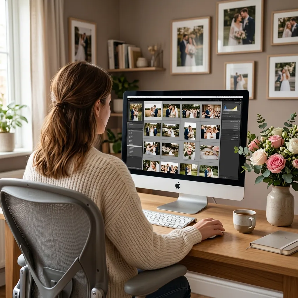 Woman browsing a wedding photo gallery on a large monitor with roses on the desk